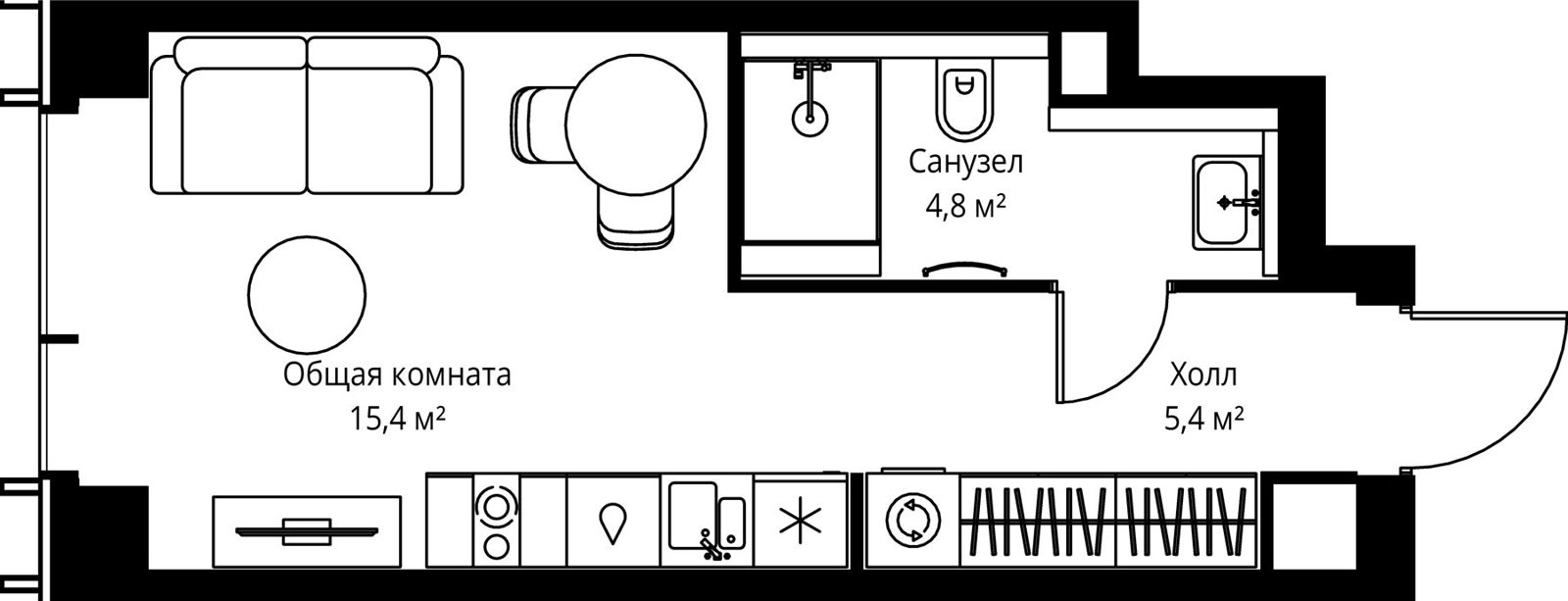 Квартира-студия, 25,6 м²