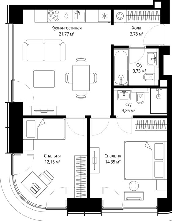 2-комнатная квартира, 59 м² — фото 1