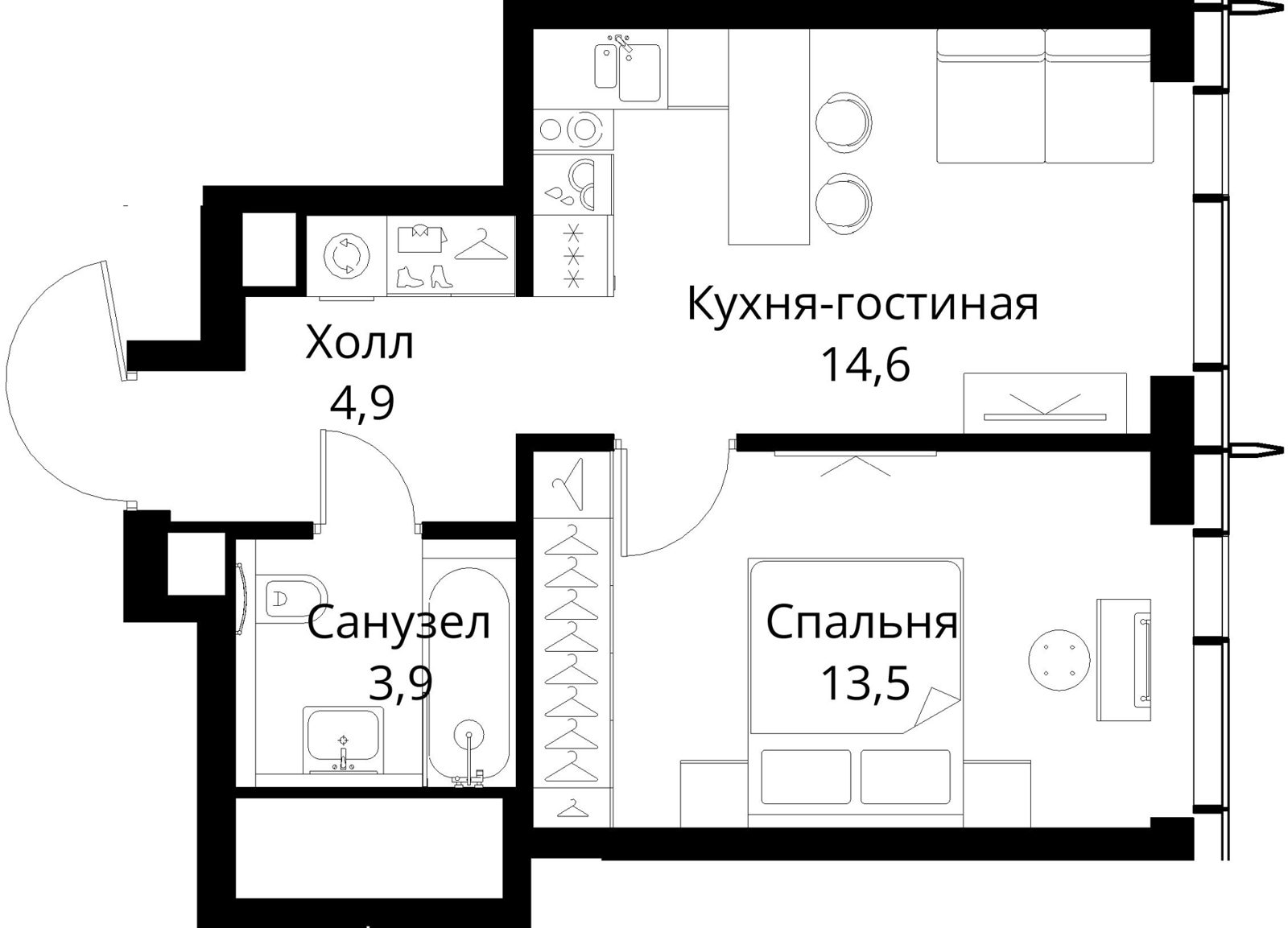 1-комнатная квартира, 36,9 м²