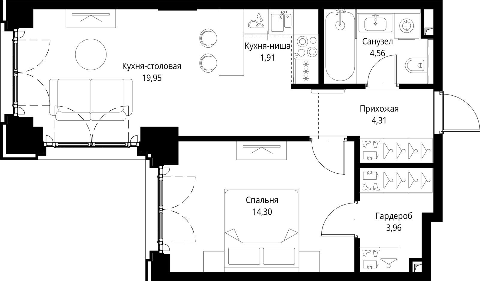1-комнатная квартира, 49 м²