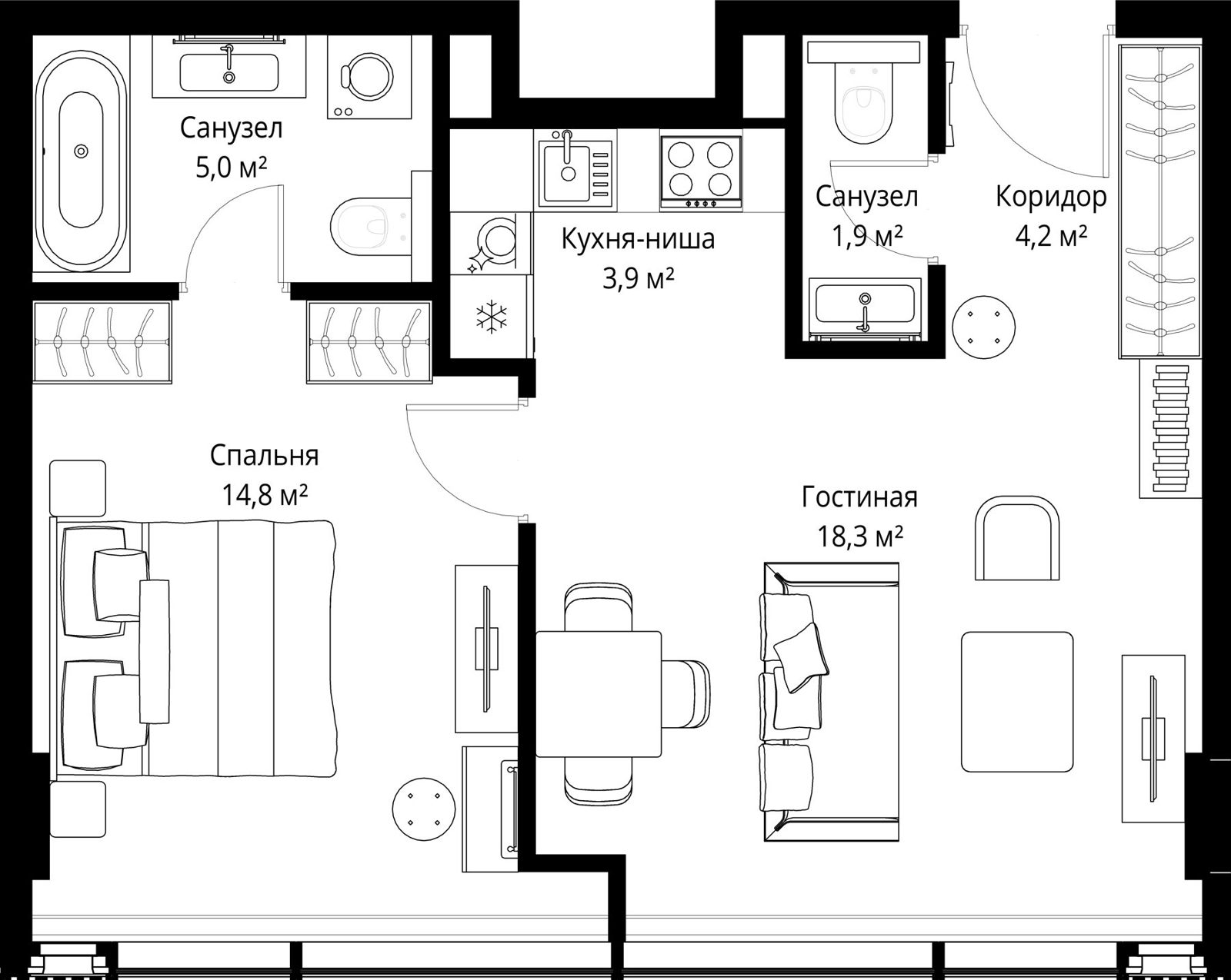 1-комнатная квартира, 48,1 м²
