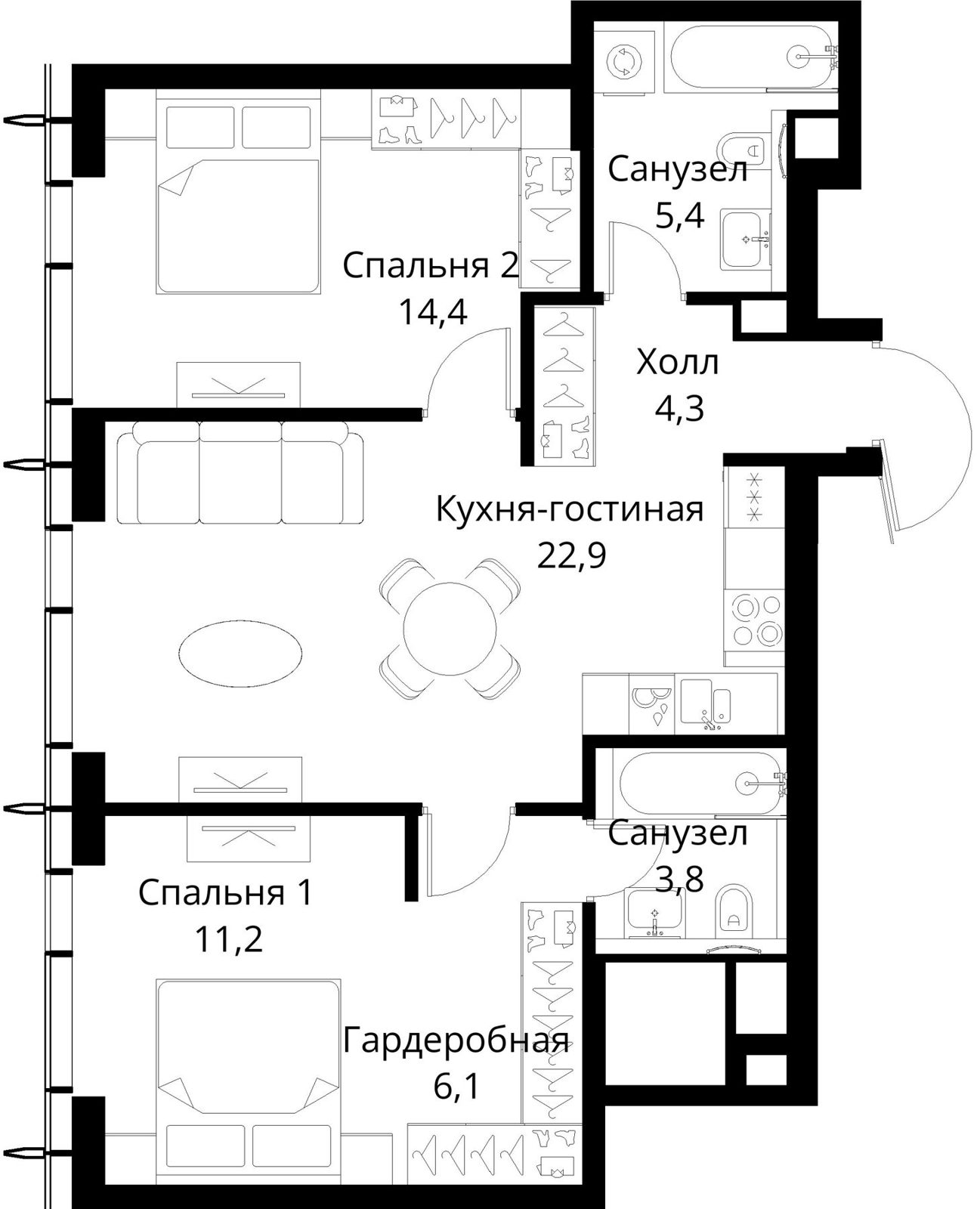 2-комнатная квартира, 68,1 м²