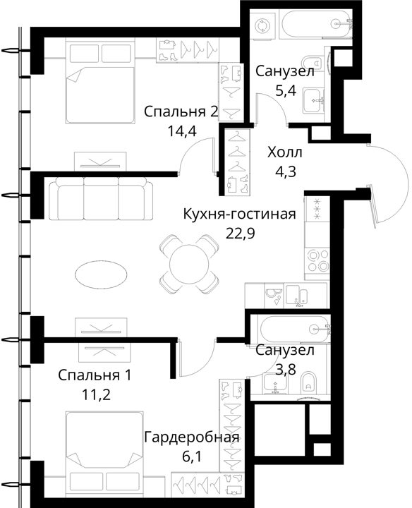 2-комнатная квартира, 68,1 м² — фото 1