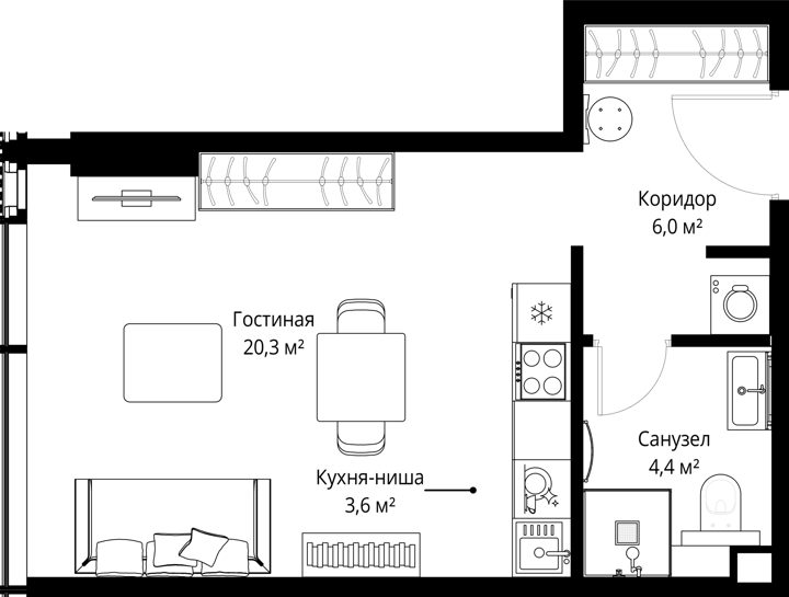 Квартира-студия, 34,3 м²