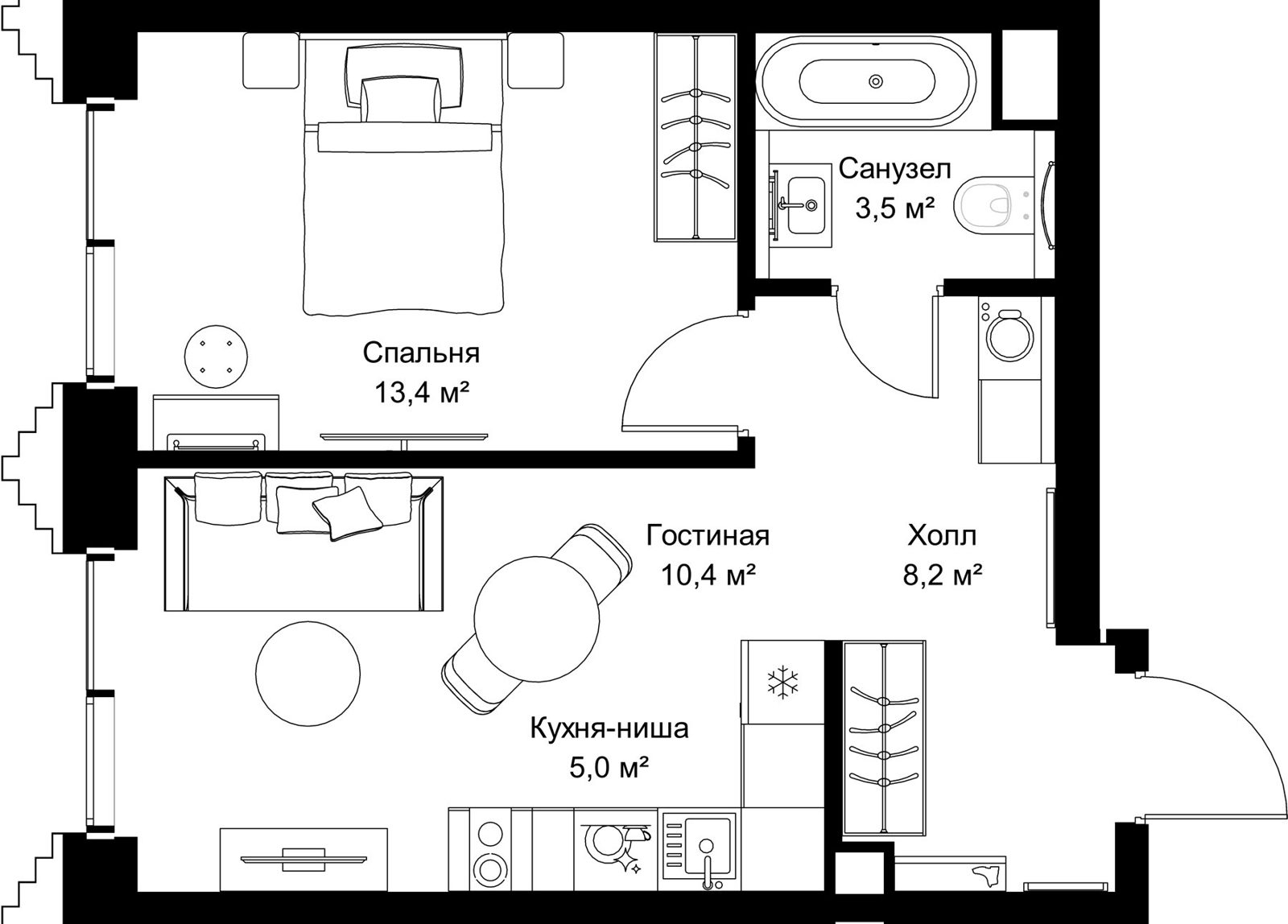 1-комнатная квартира, 40,5 м²