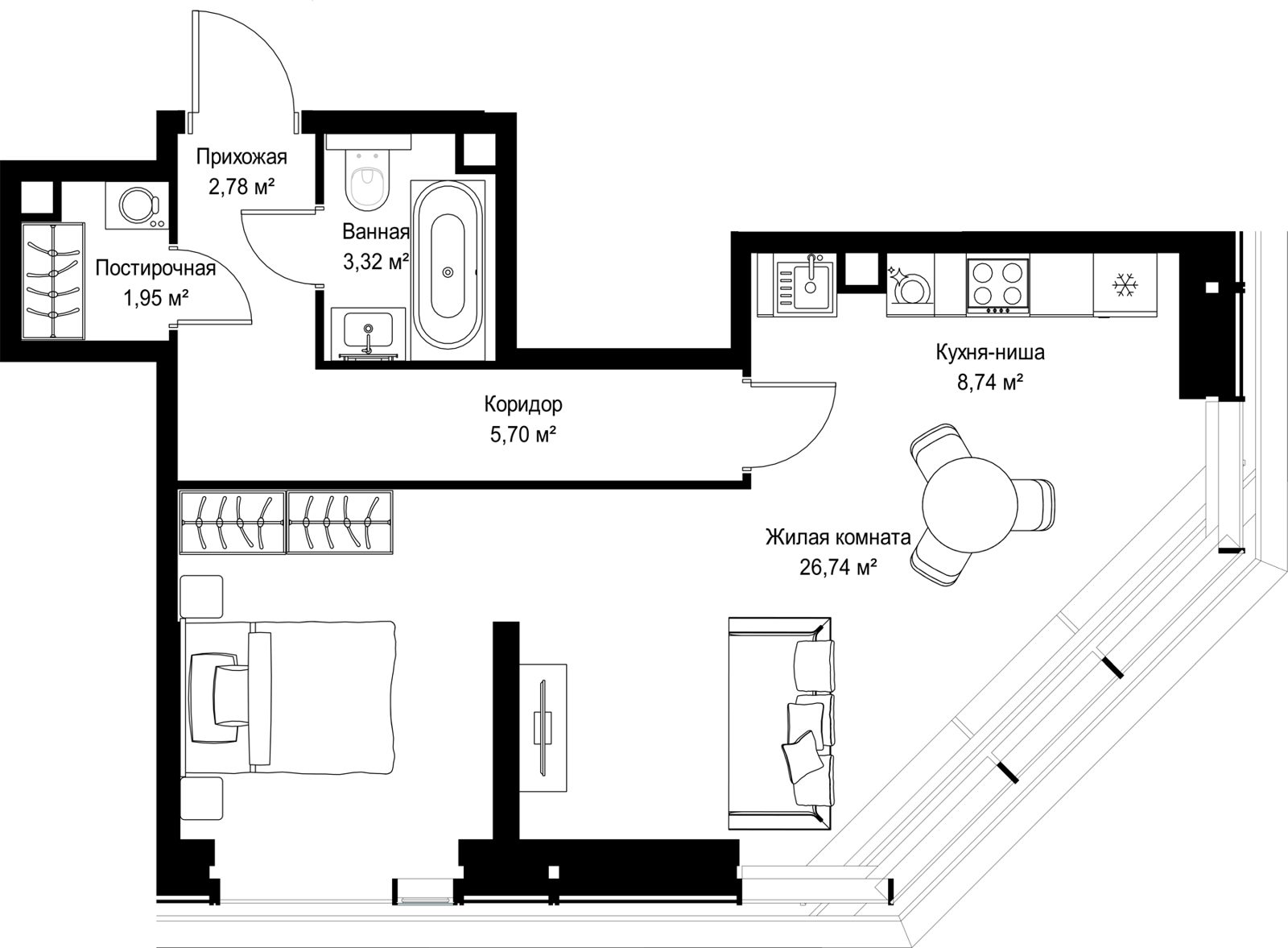 1-комнатная квартира, 49,2 м²
