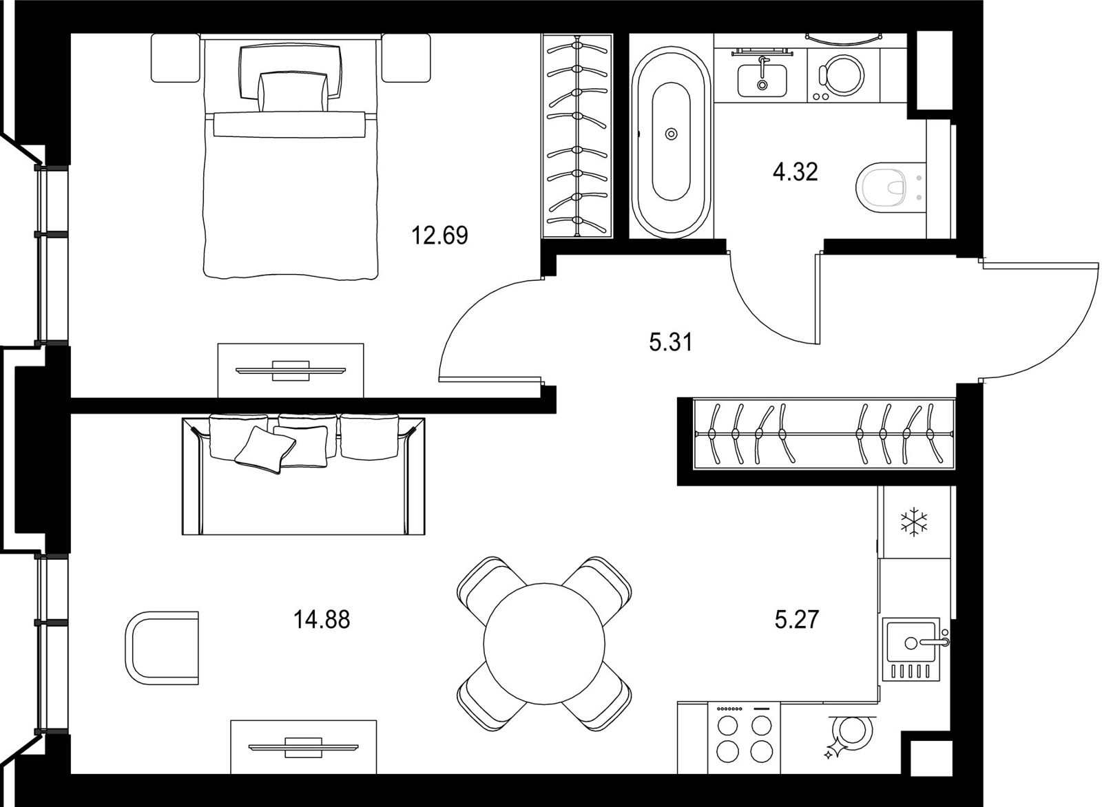 1-комнатная квартира, 42,5 м²