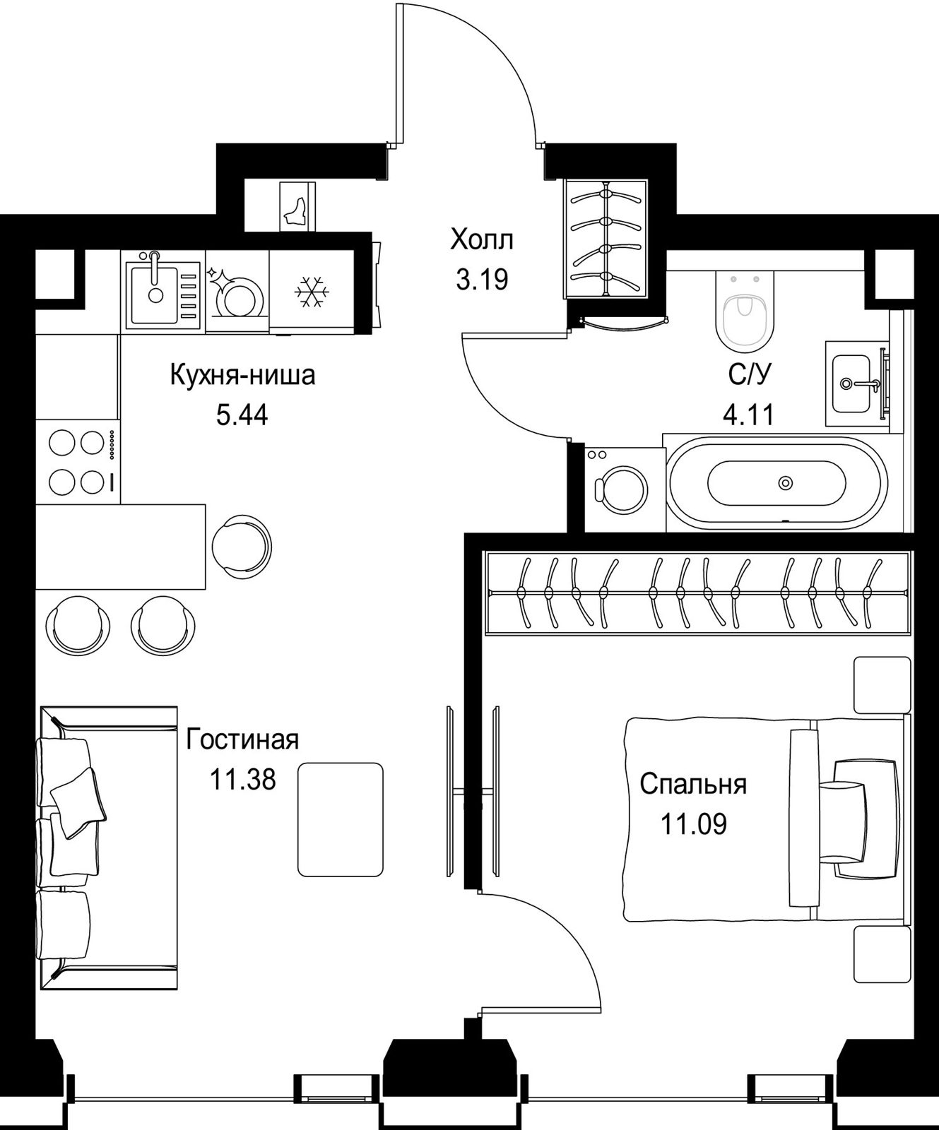 1-комнатная квартира, 35,2 м²