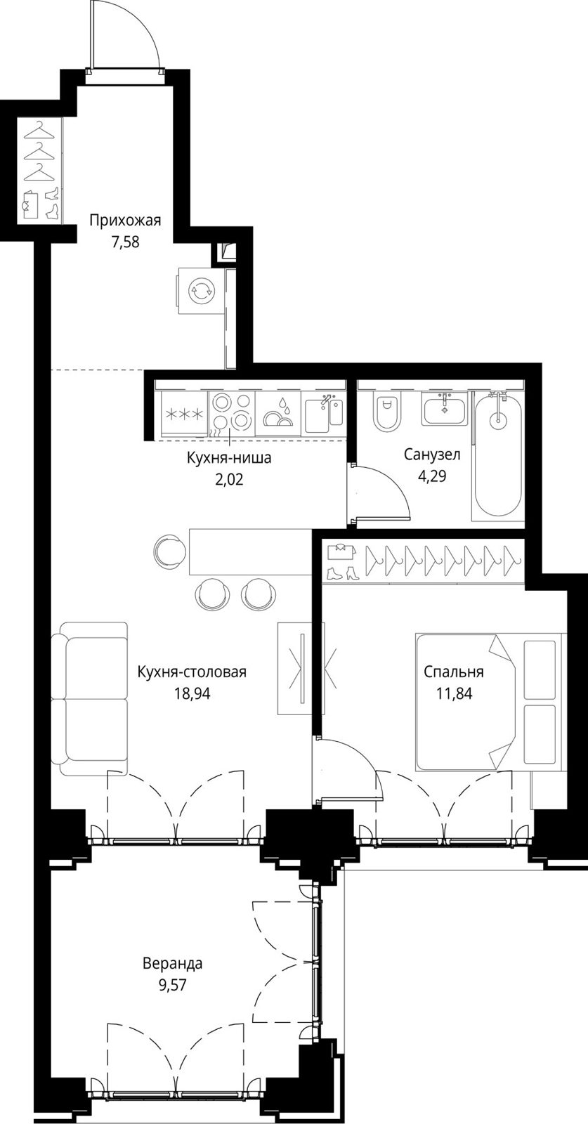 1-комнатная квартира, 54,2 м²