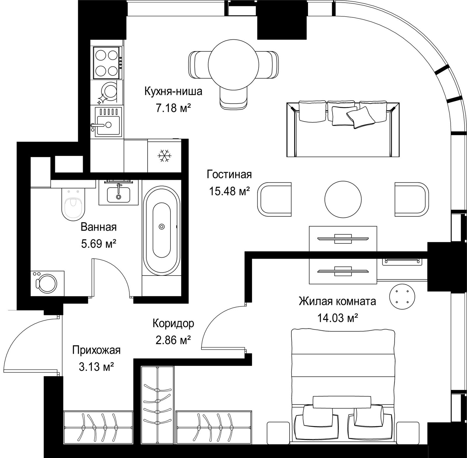 1-комнатная квартира, 48,4 м²