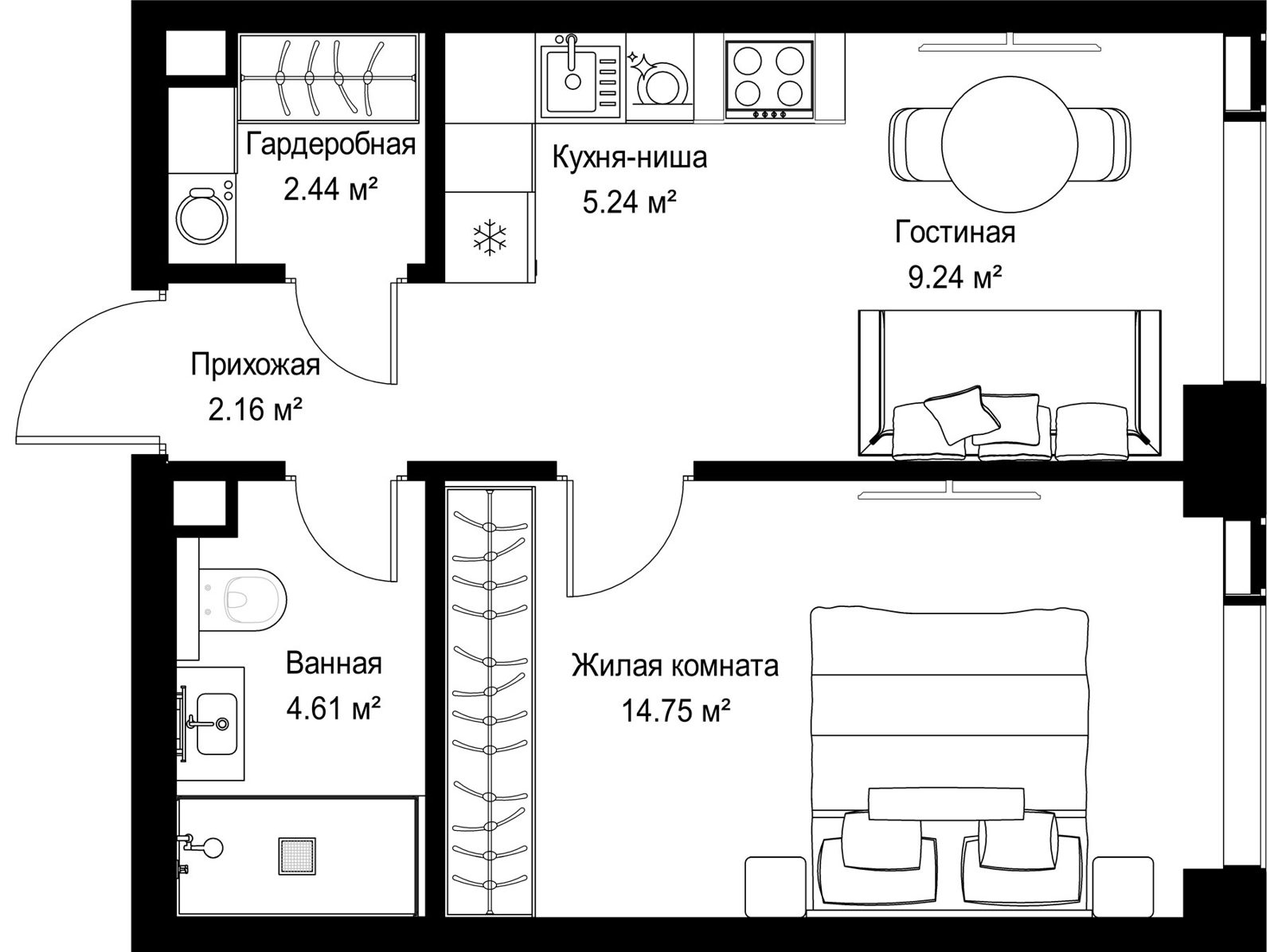 1-комнатная квартира, 38,4 м²