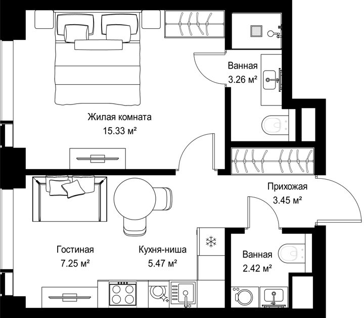 1-комнатная квартира, 37,2 м²