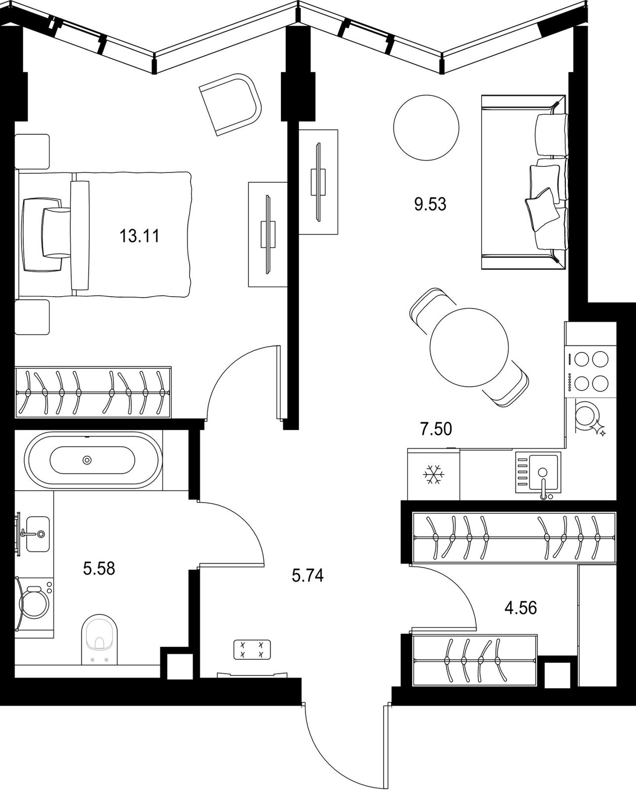 1-комнатная квартира, 46 м²