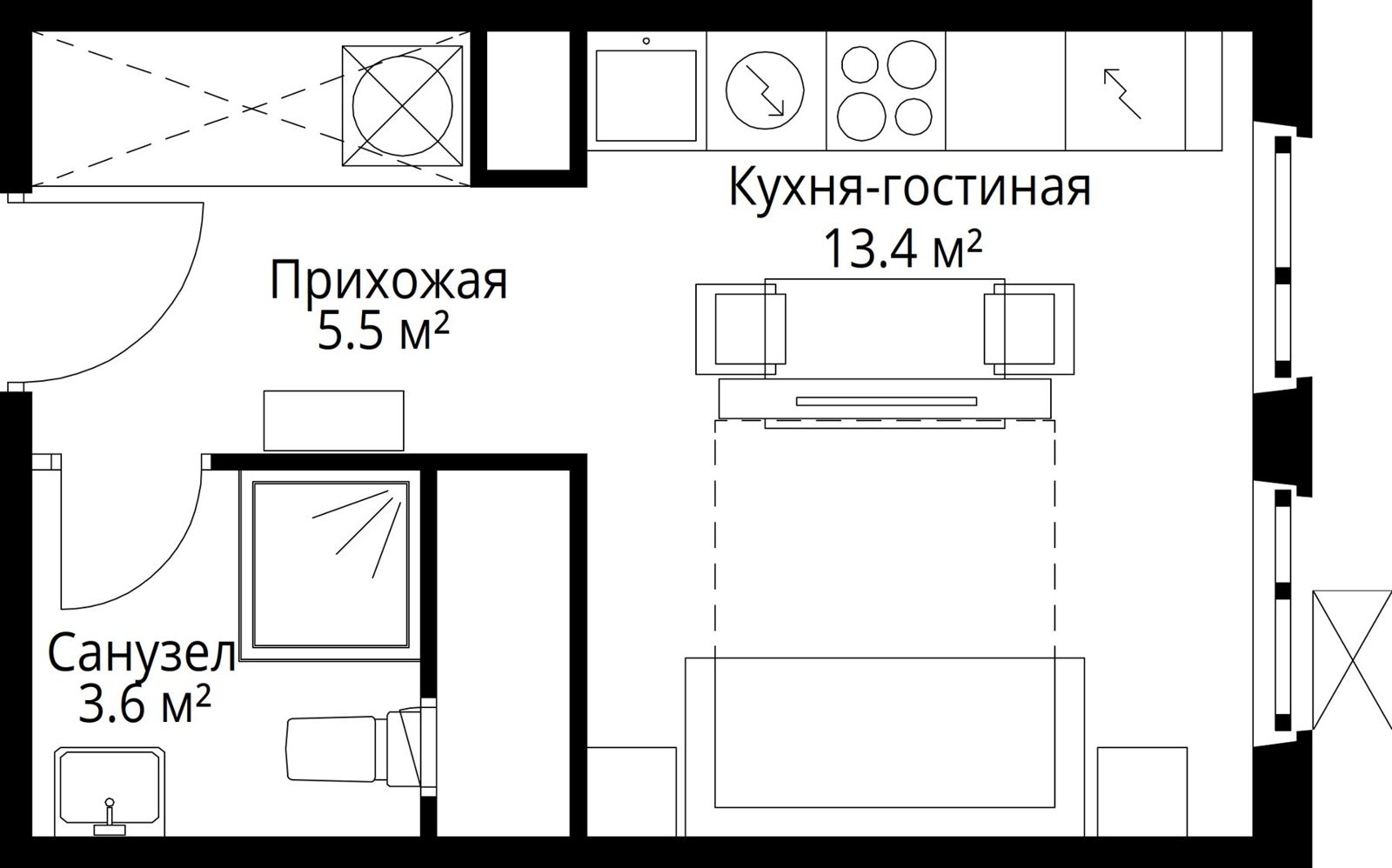 Квартира-студия, 22,5 м²