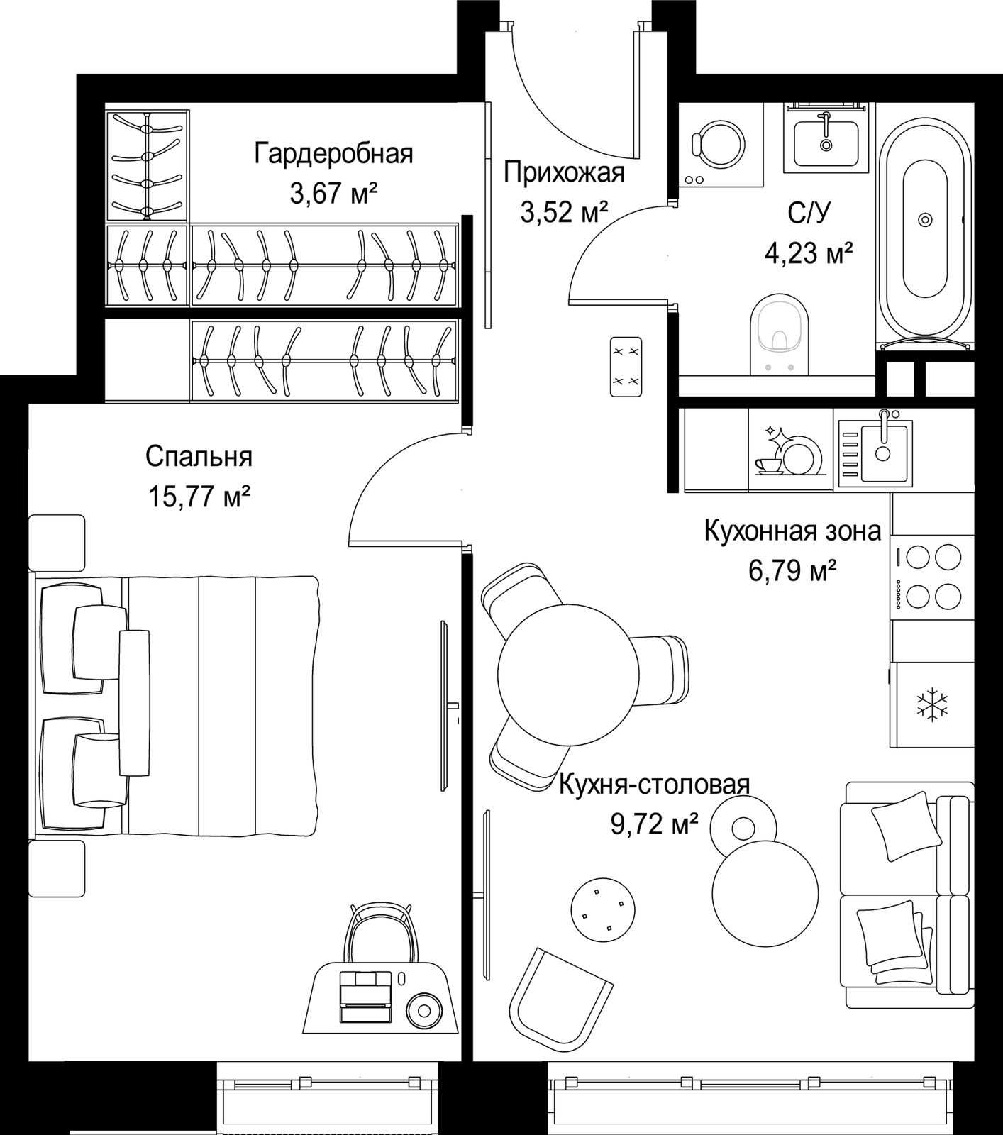 1-комнатная квартира, 43,7 м²