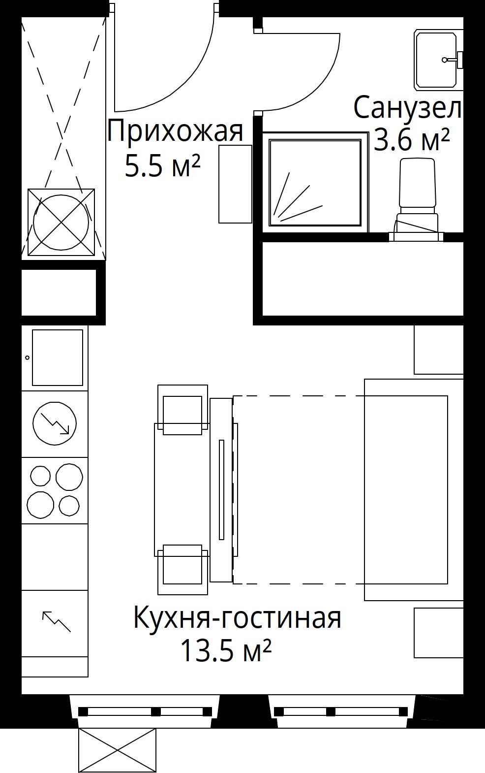Квартира-студия, 22,6 м²