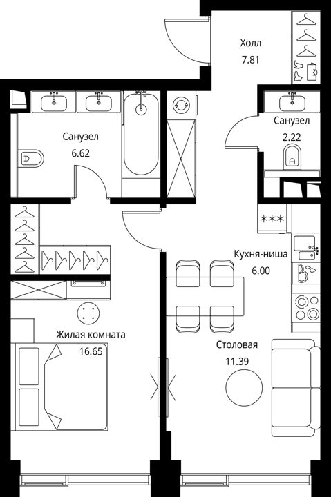 1-комнатная квартира, 50,7 м² — фото 1