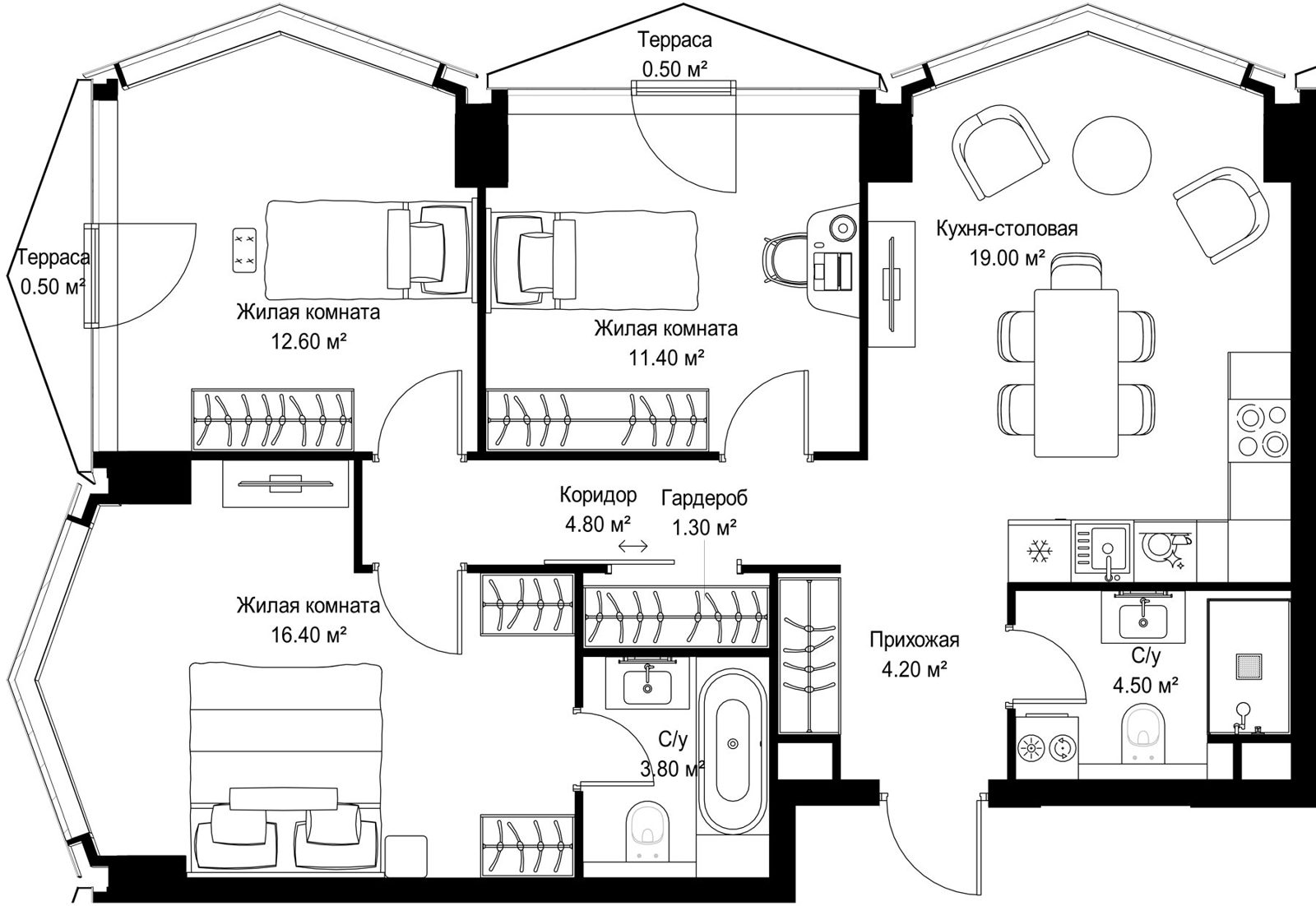 3-комнатная квартира, 79 м²
