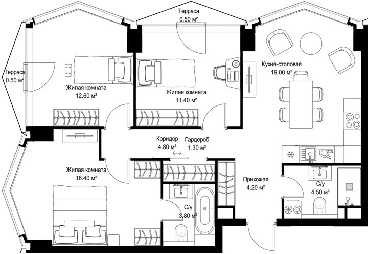 3-комнатная квартира, 79 м²
