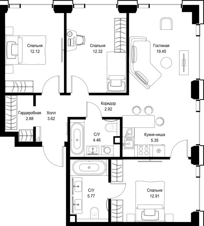 3-комнатная квартира, 81,8 м²