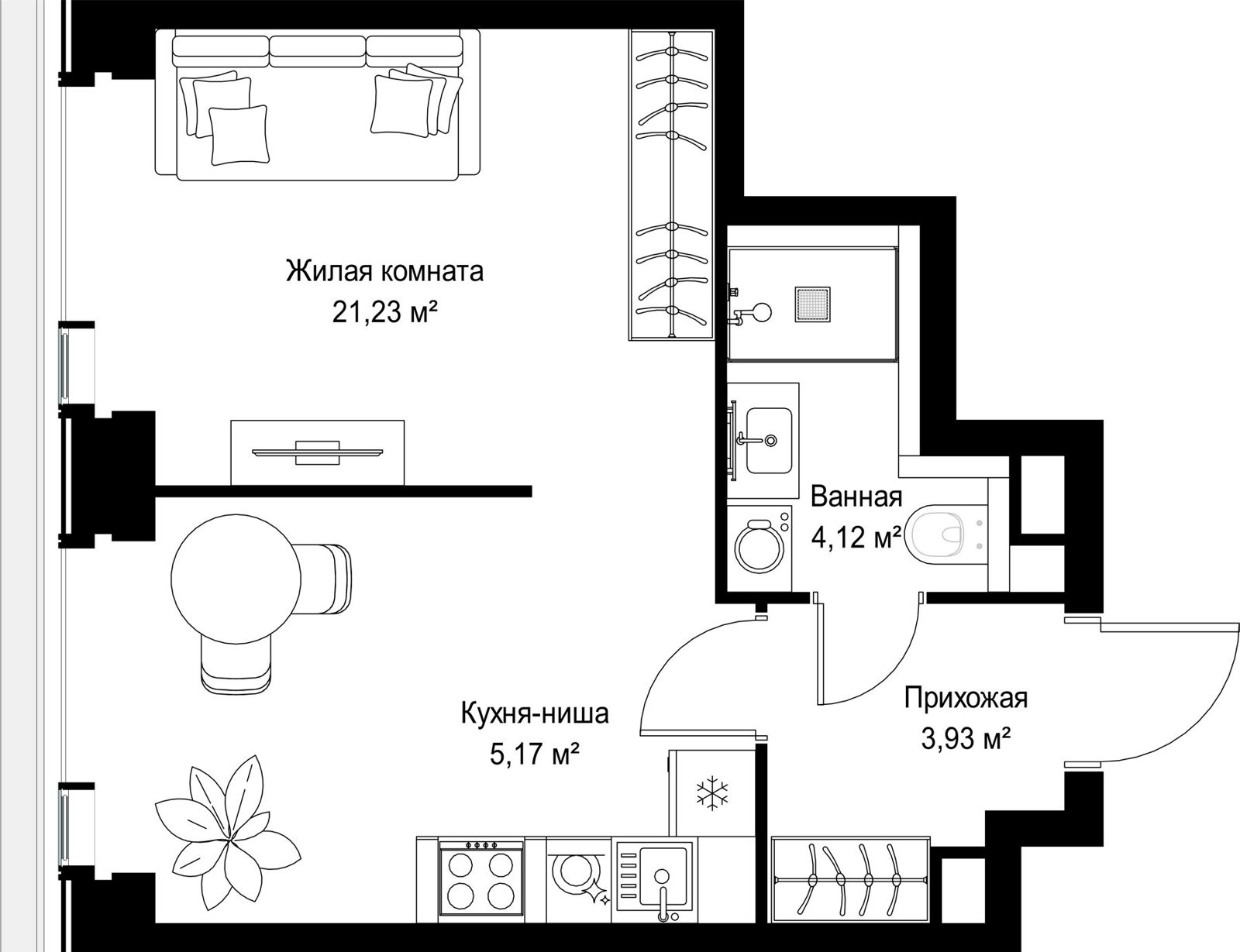 1-комнатная квартира, 34,5 м²