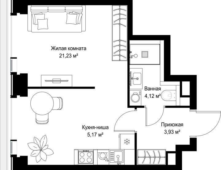 1-комнатная квартира, 34,5 м² — фото 1