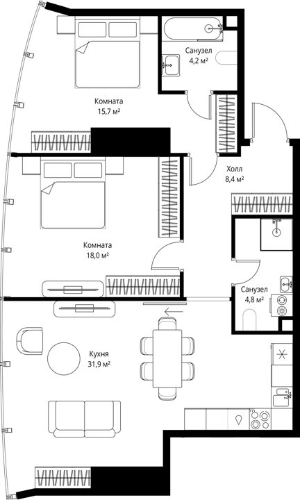 2-комнатная квартира, 83 м²