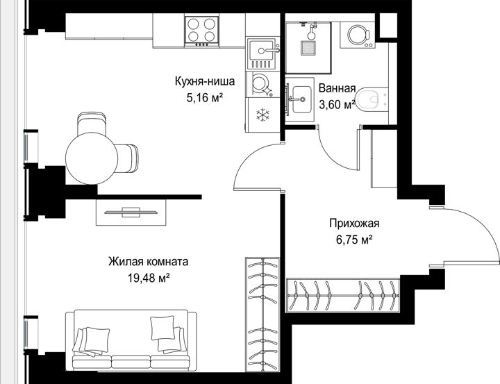 1-комнатная квартира, 35 м² — фото 1