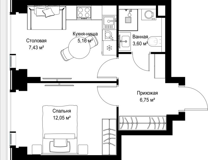 1-комнатная квартира, 35 м² — фото 2