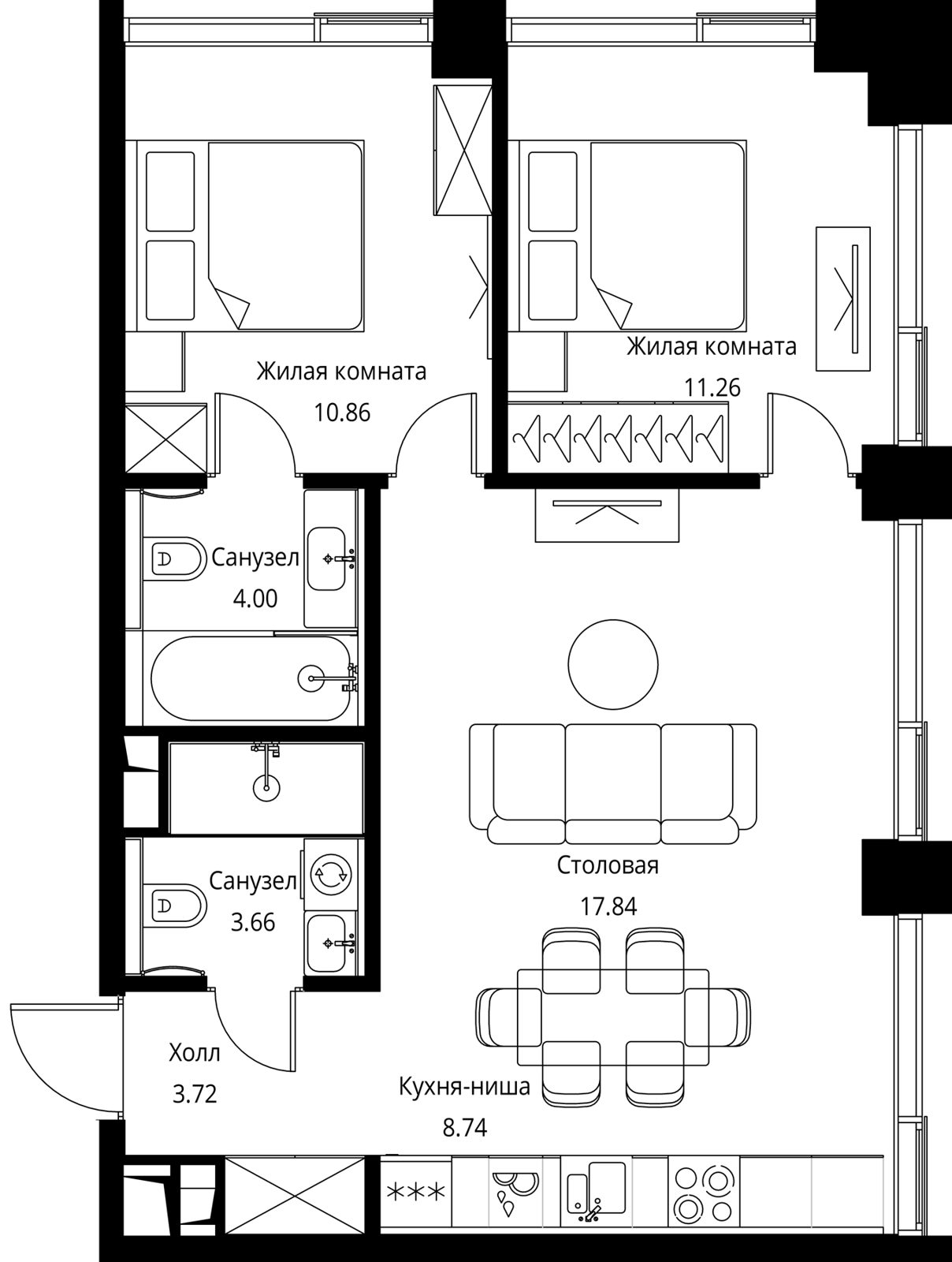 2-комнатная квартира, 60,1 м²