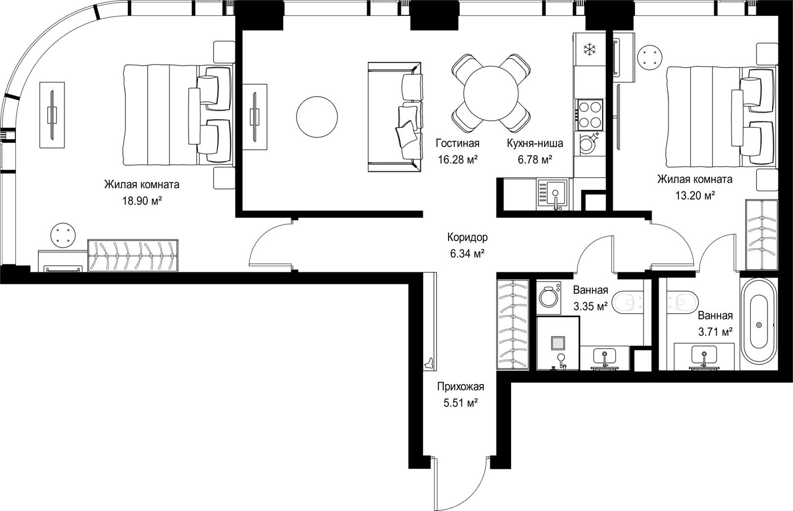 2-комнатная квартира, 74,1 м²