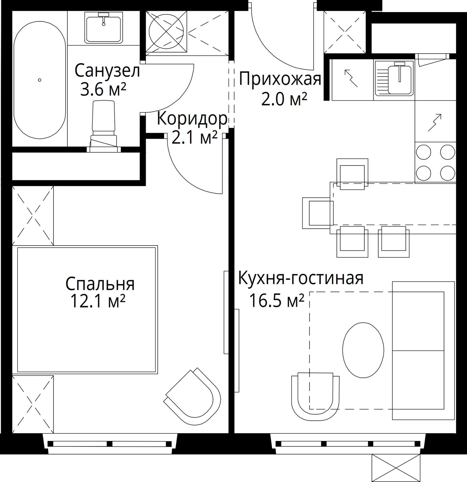 1-комнатная квартира, 36,3 м²