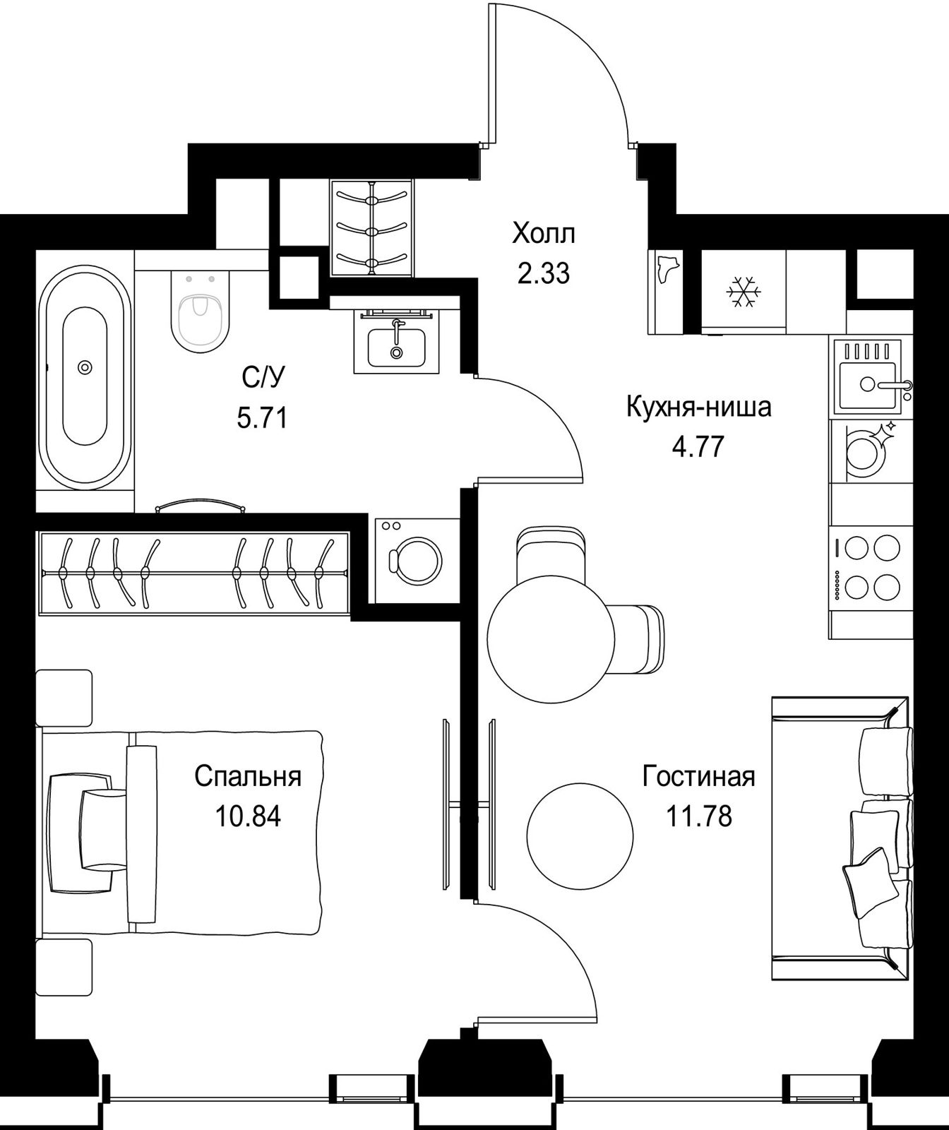 1-комнатная квартира, 35,4 м²