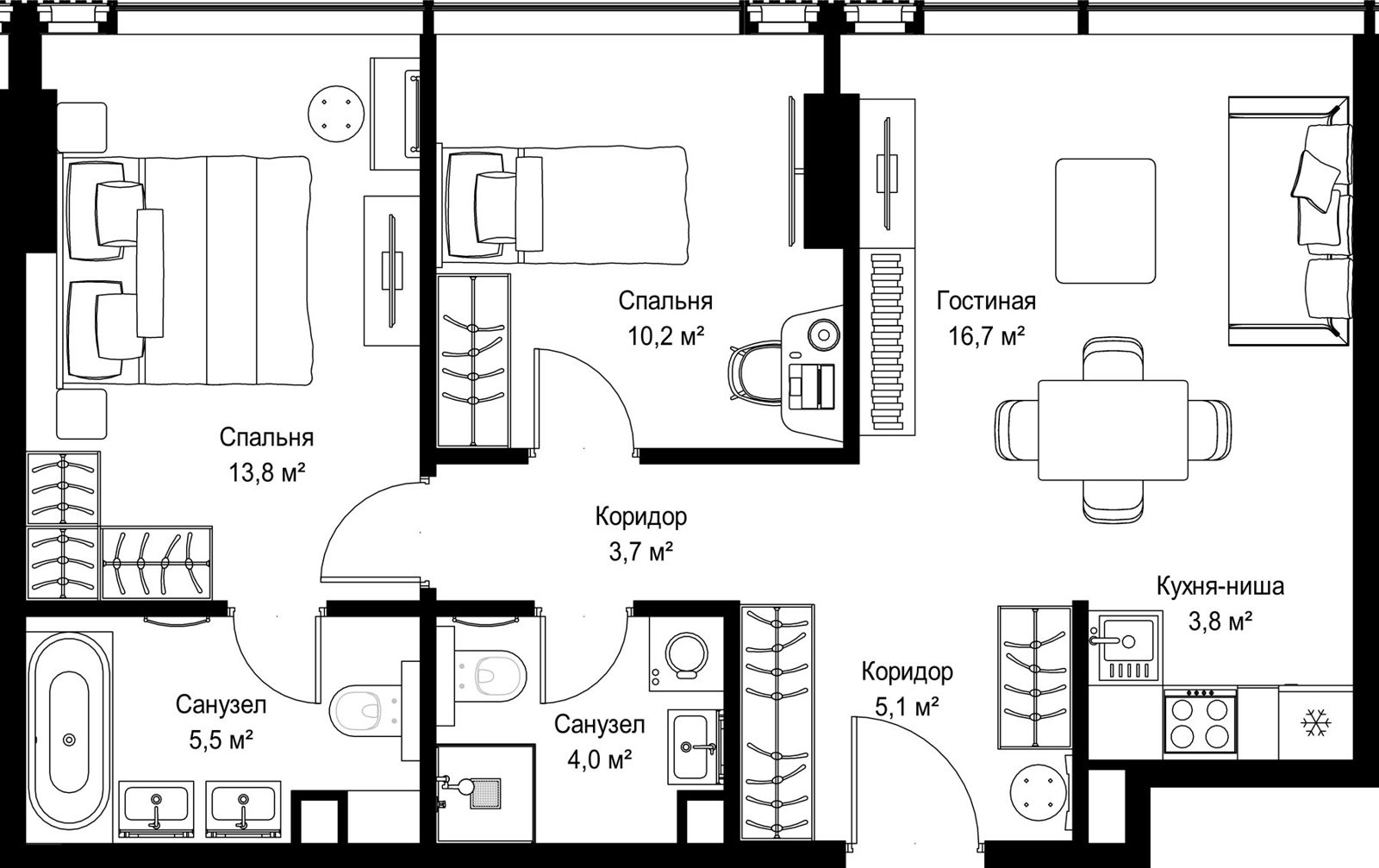 2-комнатная квартира, 62,8 м²