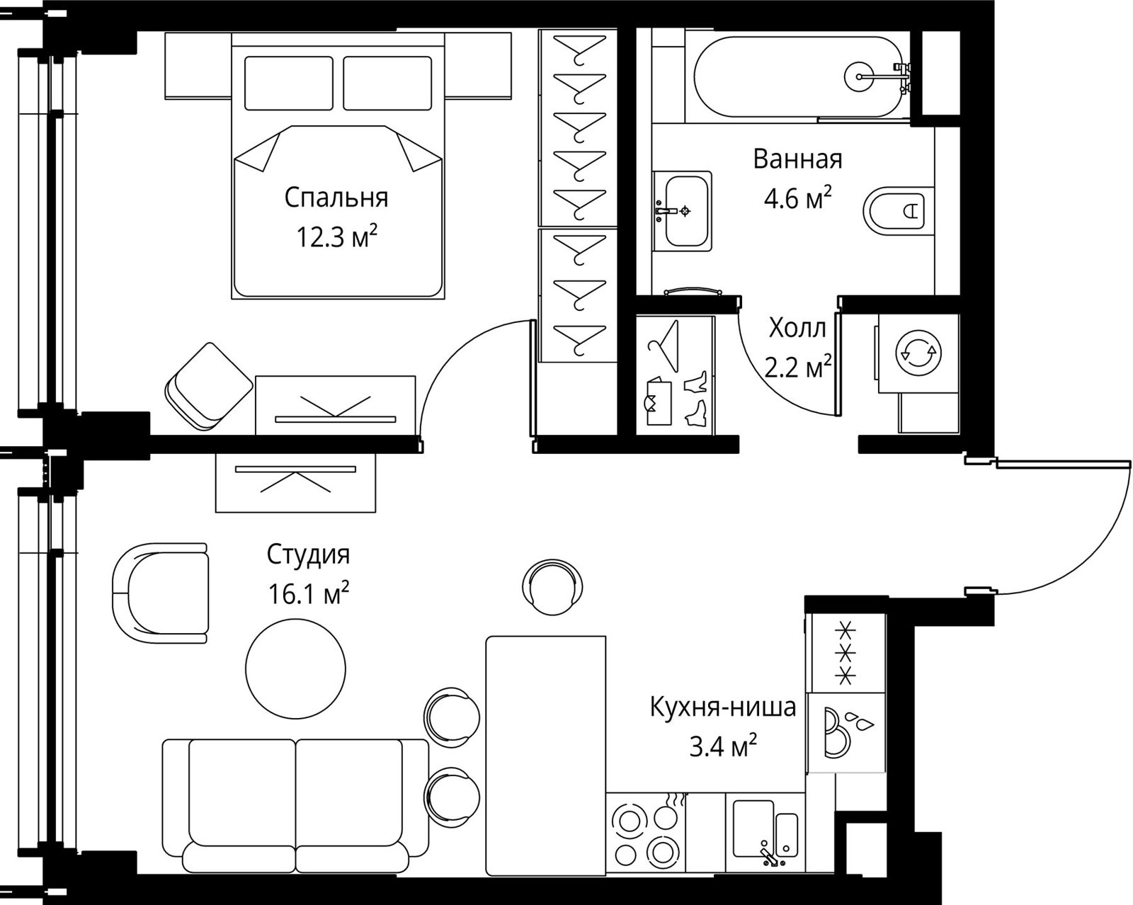 1-комнатная квартира, 38,6 м²