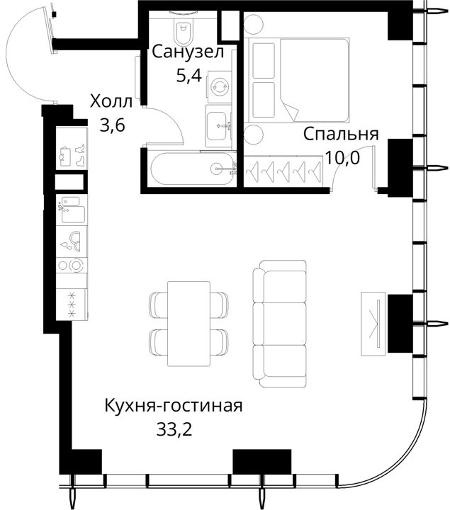 1-комнатная квартира, 52,2 м² — фото 1