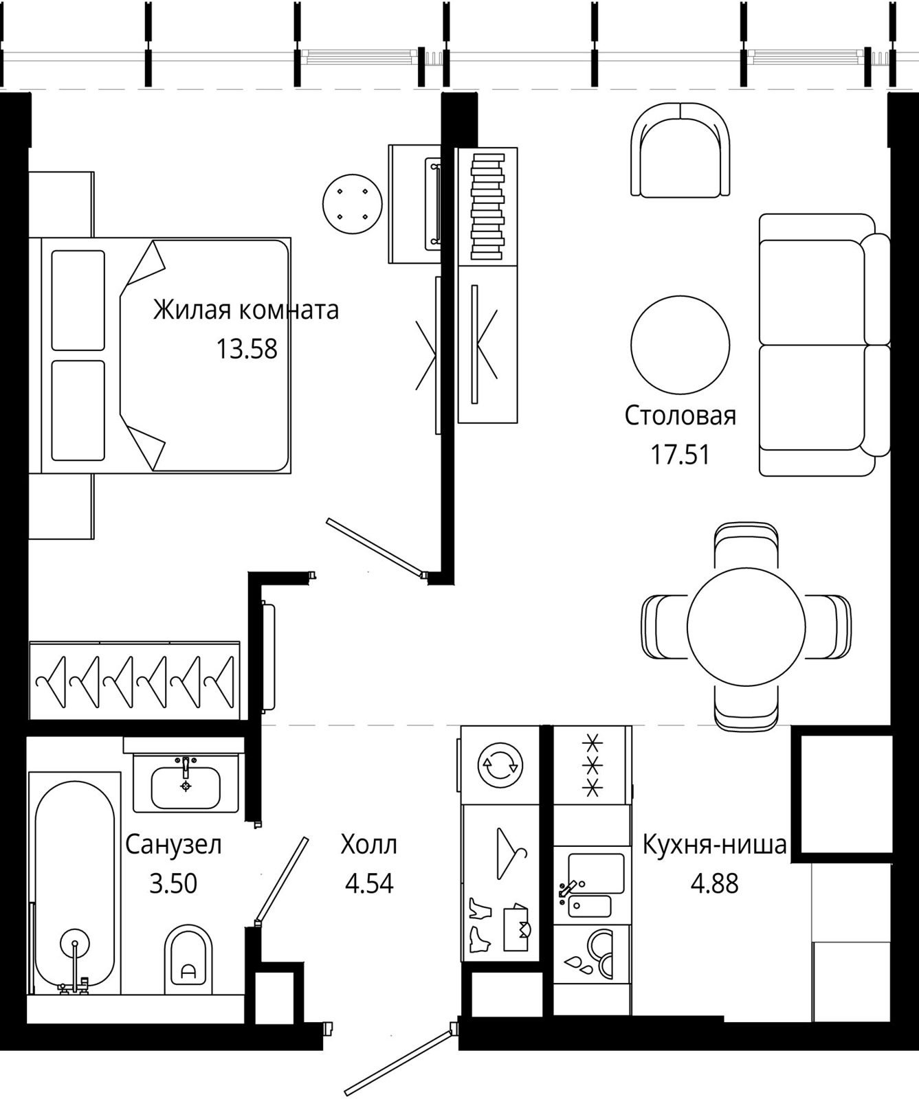 1-комнатная квартира, 44 м²