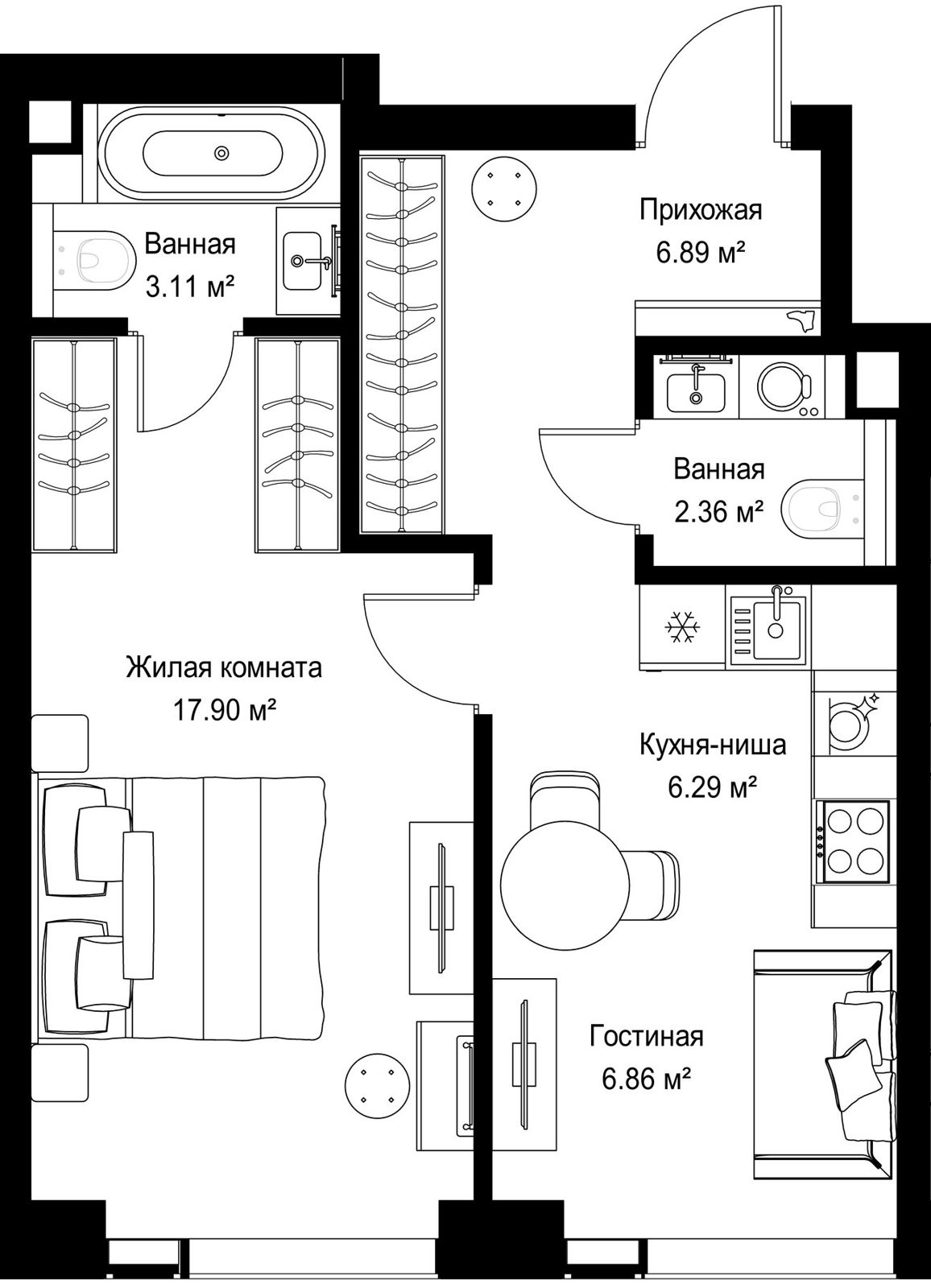 1-комнатная квартира, 43,4 м²