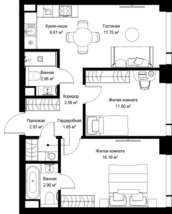 2-комнатная квартира, 60,4 м²