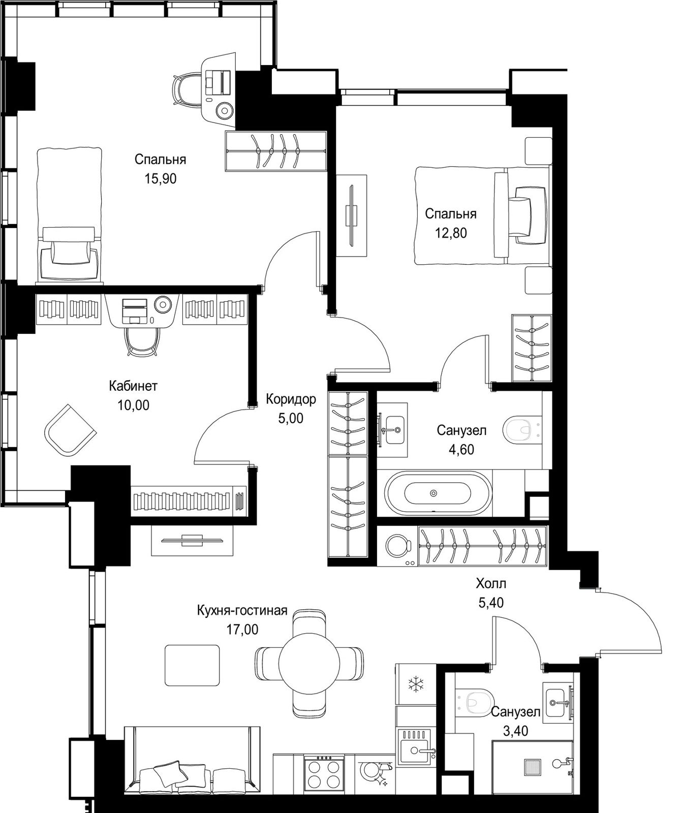 3-комнатная квартира, 74,1 м²