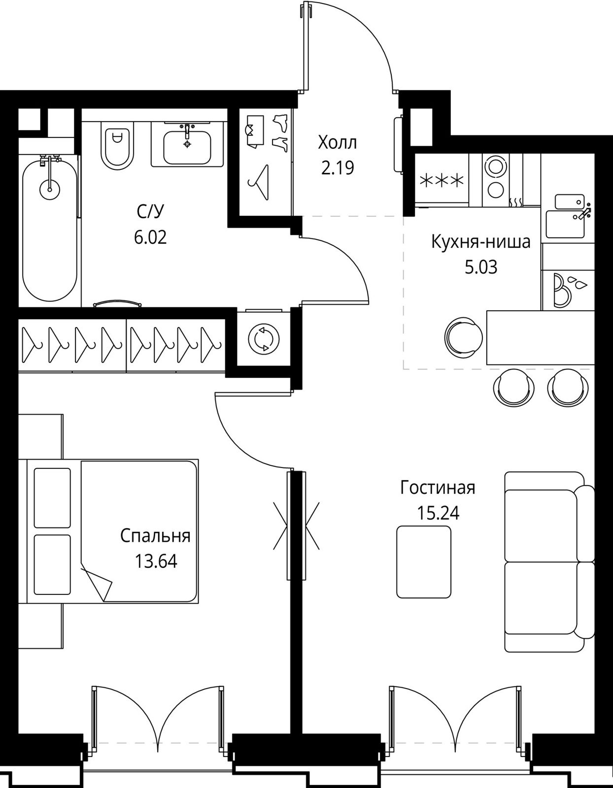 1-комнатная квартира, 42,1 м²