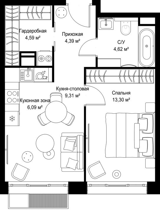 1-комнатная квартира, 42,3 м² — фото 1