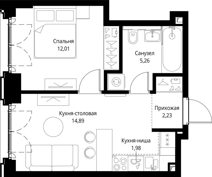 1-комнатная квартира, 36,4 м² — фото 1
