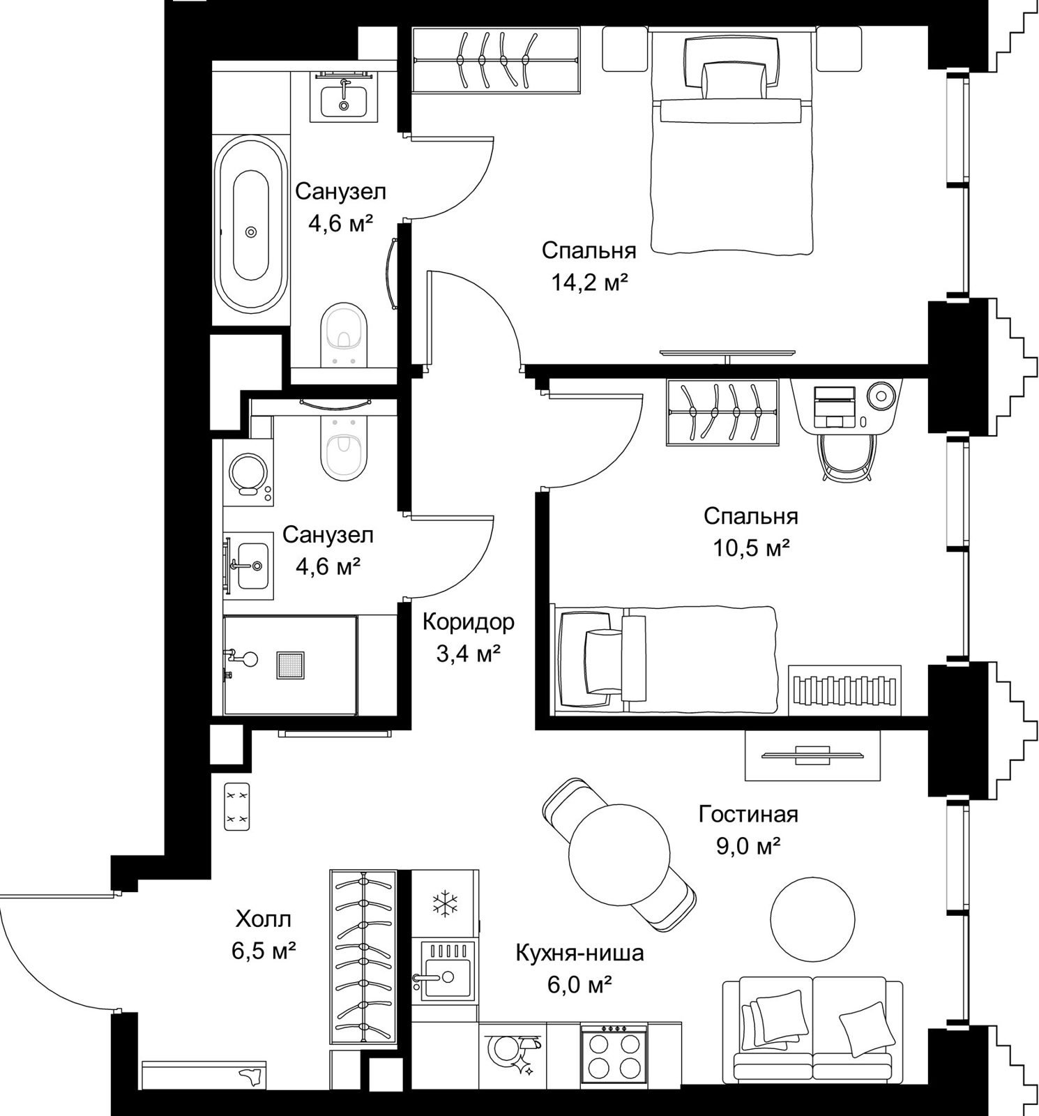 2-комнатная квартира, 58,8 м²