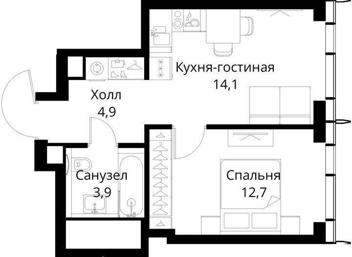 1-комнатная квартира, 35,6 м² — фото 1