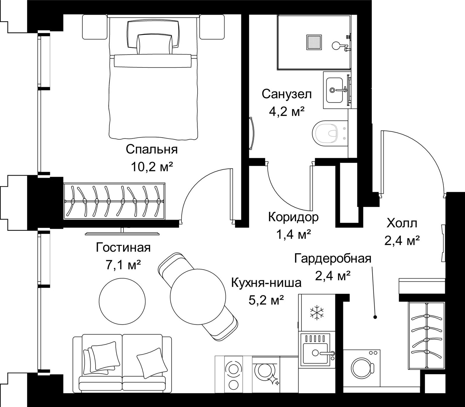 1-комнатная квартира, 32,9 м²