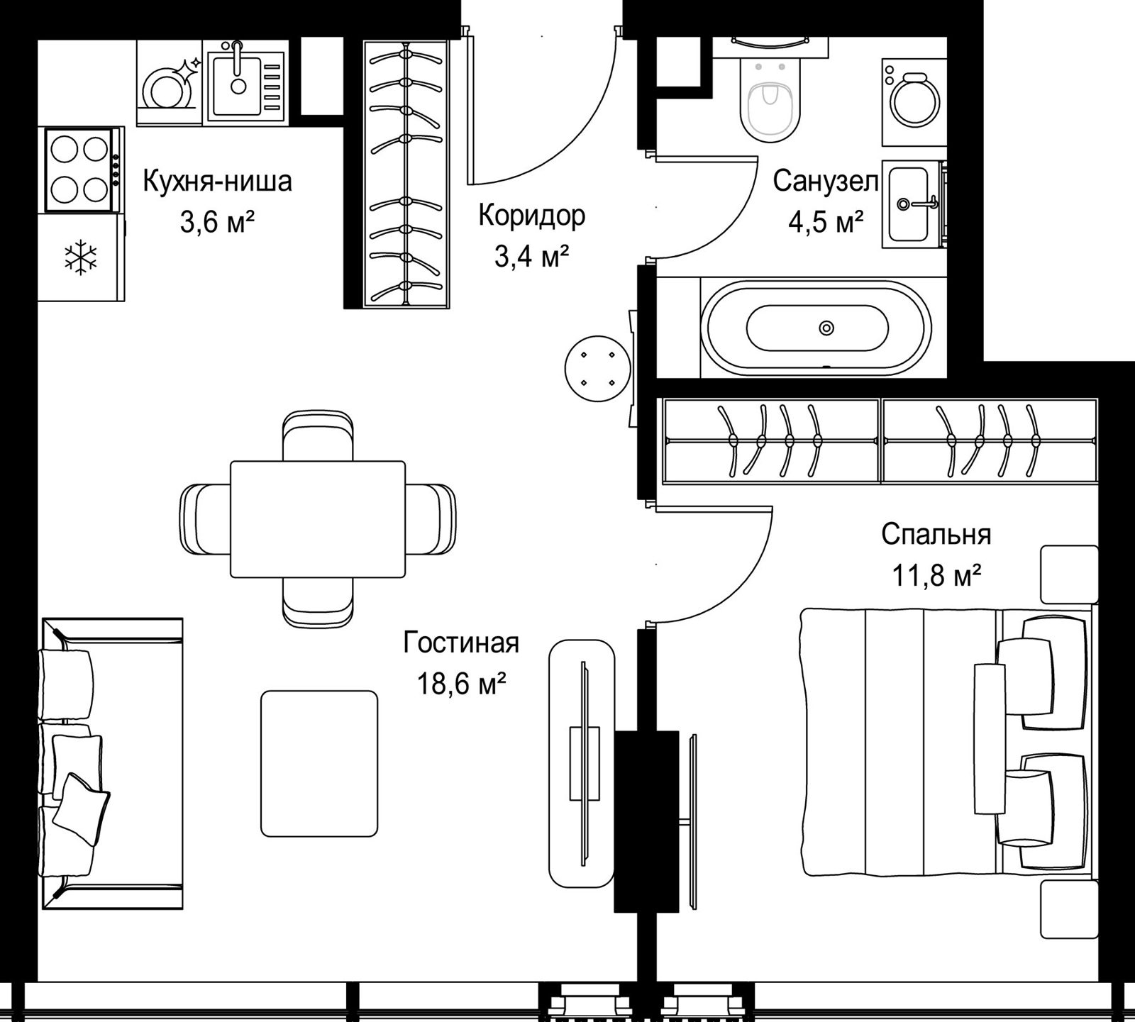 1-комнатная квартира, 41,9 м²