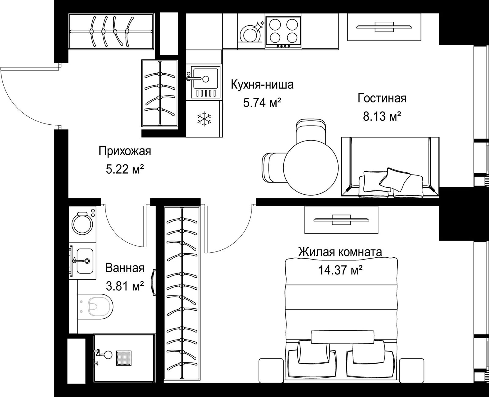 1-комнатная квартира, 37,3 м²