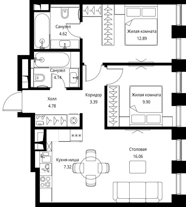 2-комнатная квартира, 63,1 м² — фото 1