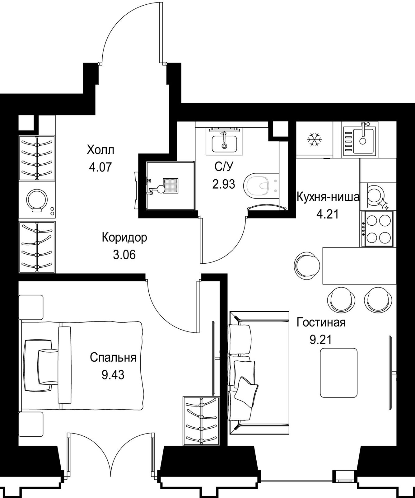 1-комнатная квартира, 32,9 м²